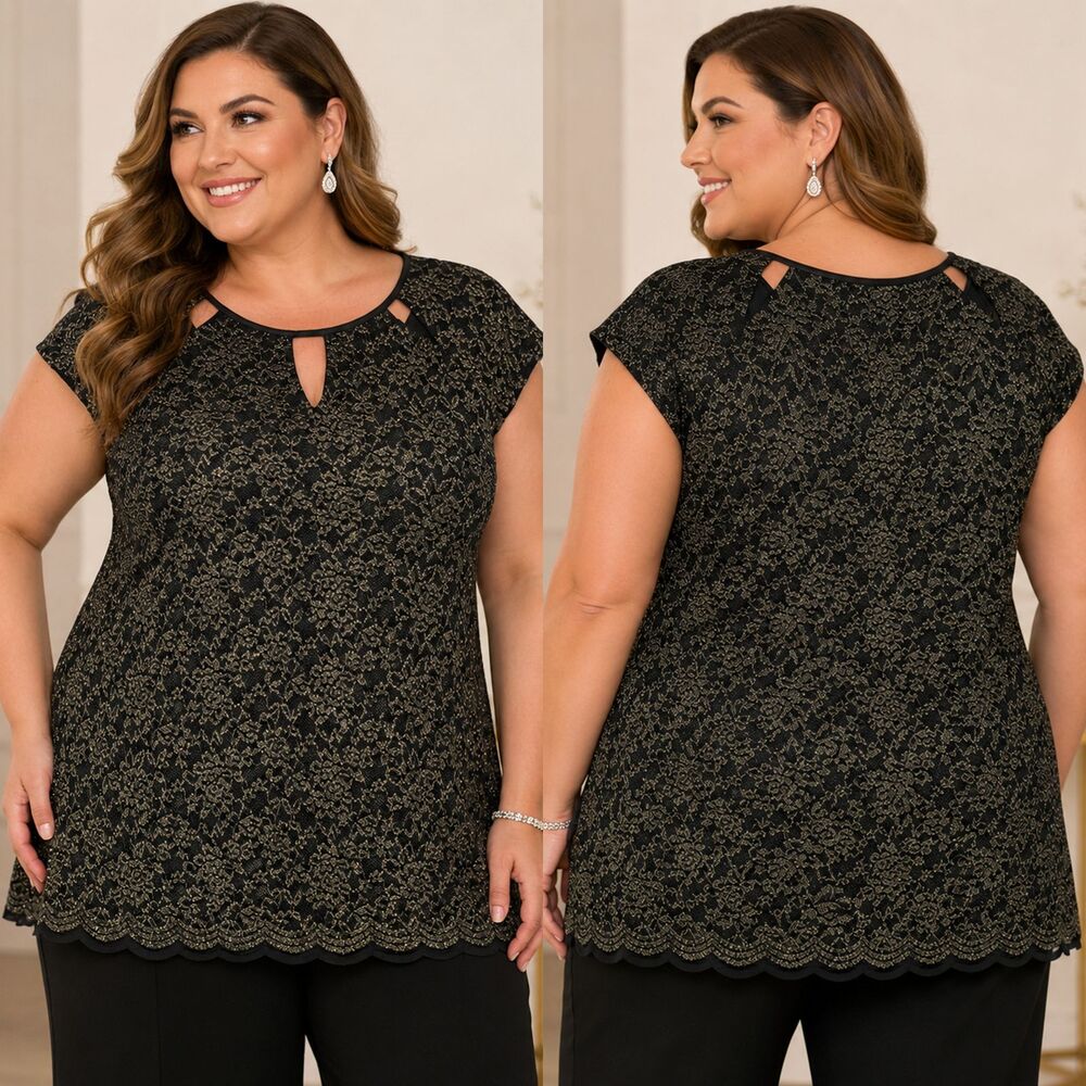 Alex Evenings Women's 3X Metallic Lace Top Black Gold Cutout Scalloped Hem Party